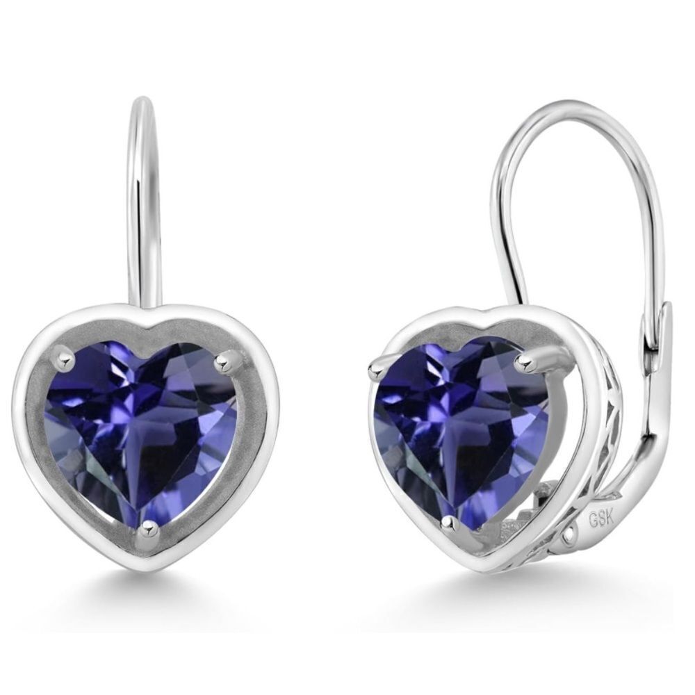 925 Sterling Silver with 1.68 Cttw 7MM Blue Iolite Heart Leverback Drop Earrings